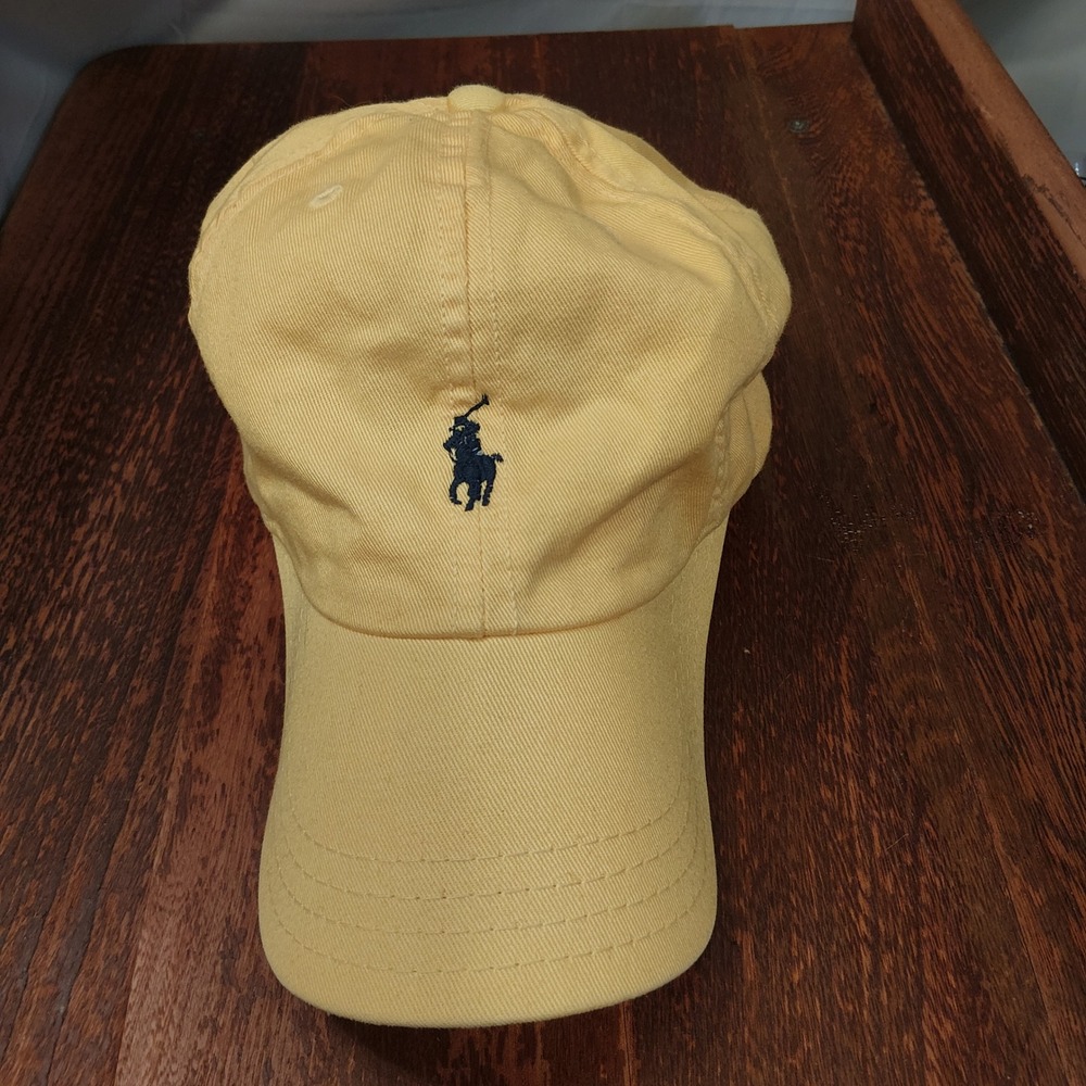 VTG Polo by Ralph Lauren Mens Yellow Strapback Cap Navy Pony Iconic Made in USA